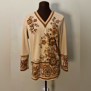 Vintage 1960s Mod Hippie Floral V-Neck Long Sleeve Top S-M